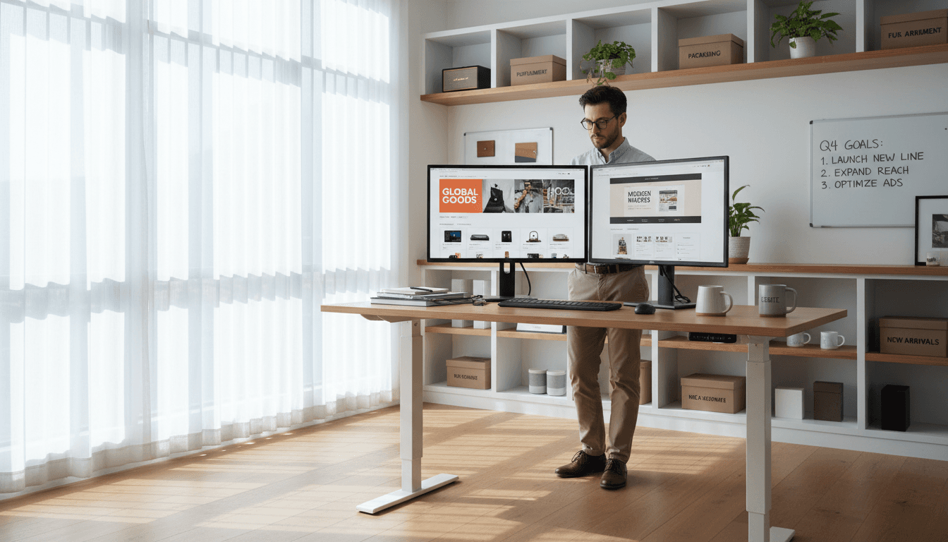 E-commerce business workspace with global market map