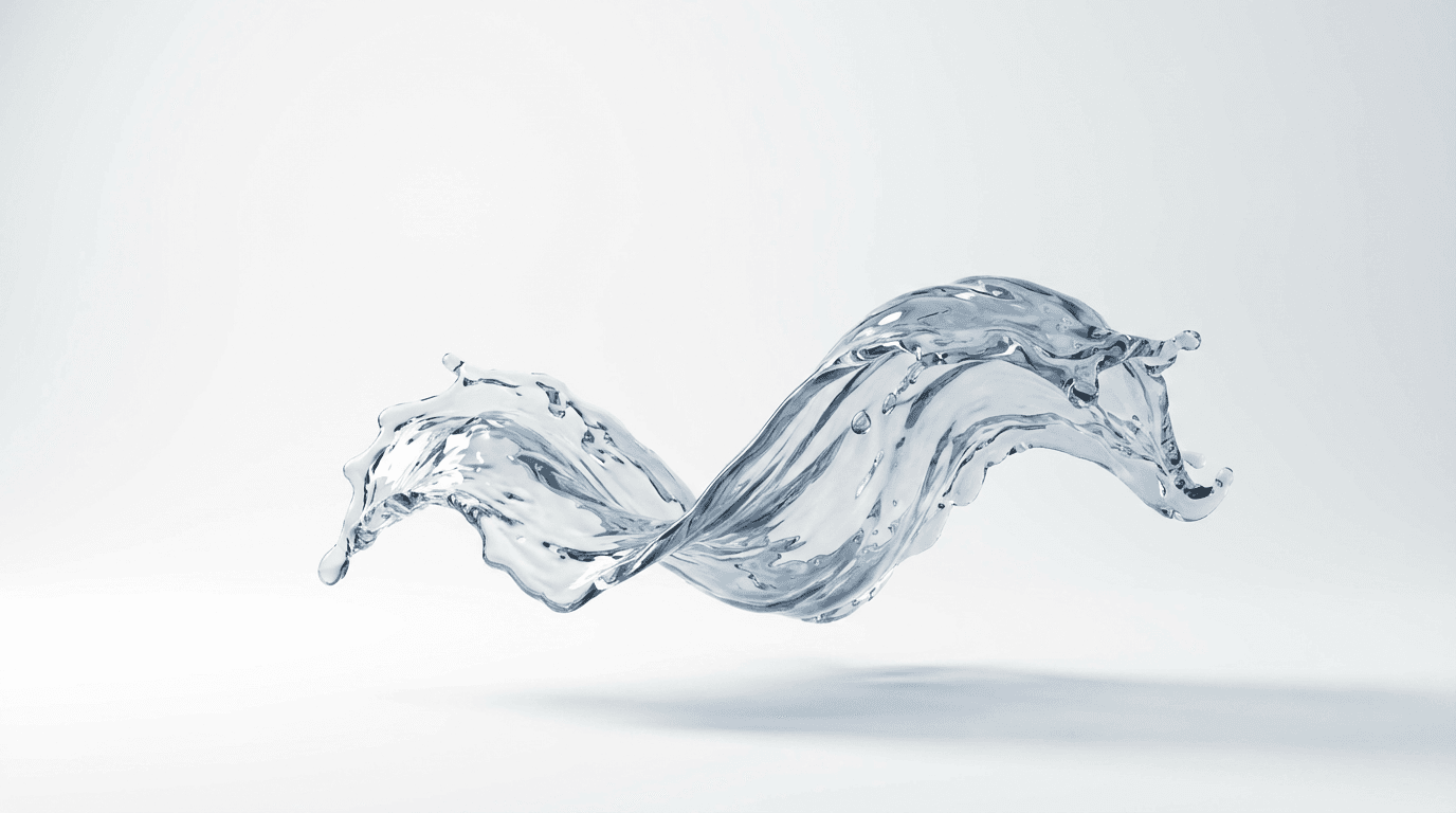 Slow-motion flowing water with translucent refraction and rainbow micro-prisms against bright white studio backdrop.