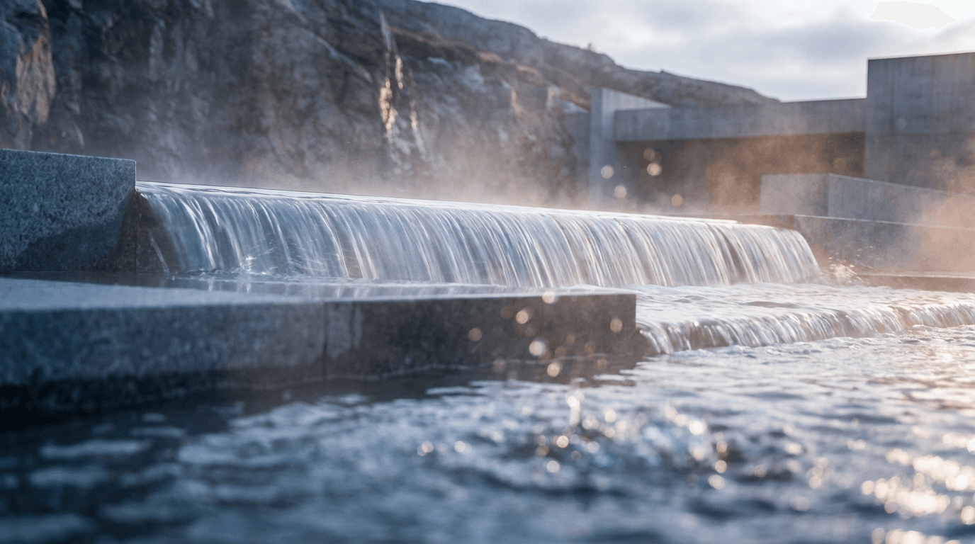 Water cascading over stone with soft light rays and bokeh, symbolizing system flow and reliability